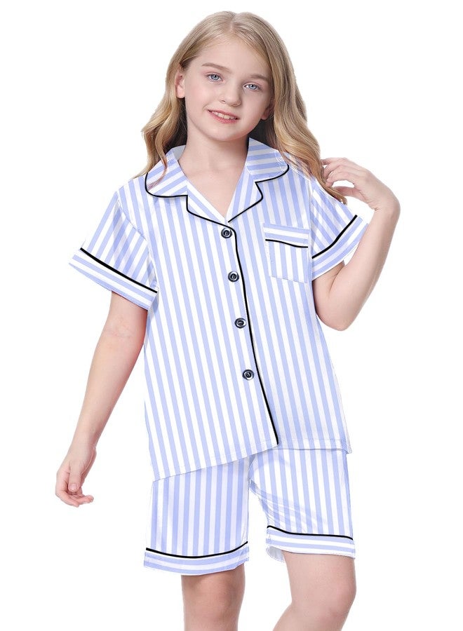 Schbbbta Satin Pajamas for Girls, Silk Pajamas 2 Pcs Button Down Sleepwear Short Sleeve Loungewear Outfit for Girls, Light Navy Stripe, 11-12 Years = Tag 160 - Image 4